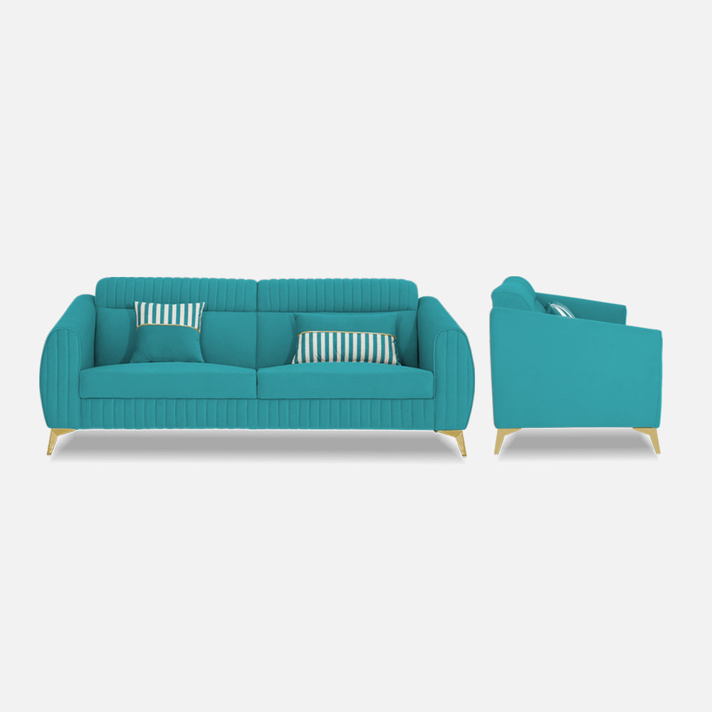Adorn India Premium Valentino 3 Seater Sofa | Velvet Suede Fabric | 3-Year Warranty | Color Aqua Blue with Golden Legs & Striped Pattern Cushion