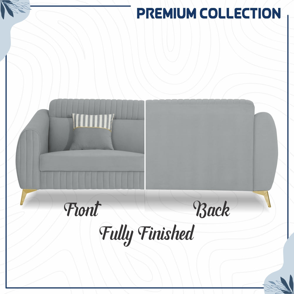 Adorn India Premium Valentino 3-1-1 Sofa Set | Velvet Suede Fabric | 3-Year Warranty | Color Grey with Golden Legs & Striped Pattern Cushion