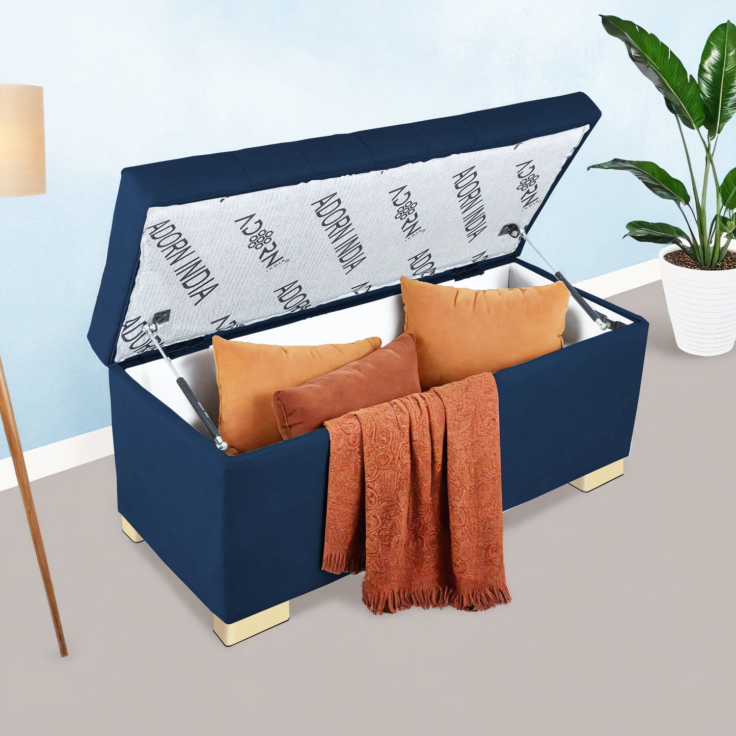 Adorn India Falcon Tufted 2 Seater Storage Ottoman Pouffe with Velvet Suede Fabric (Blue)