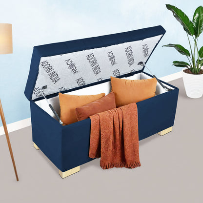 Adorn India Falcon Tufted 2 Seater Storage Ottoman Pouffe with Velvet Suede Fabric (Blue)