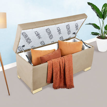 Adorn India Falcon Tufted 2 Seater Storage Ottoman Pouffe with Velvet Suede Fabric (Beige)