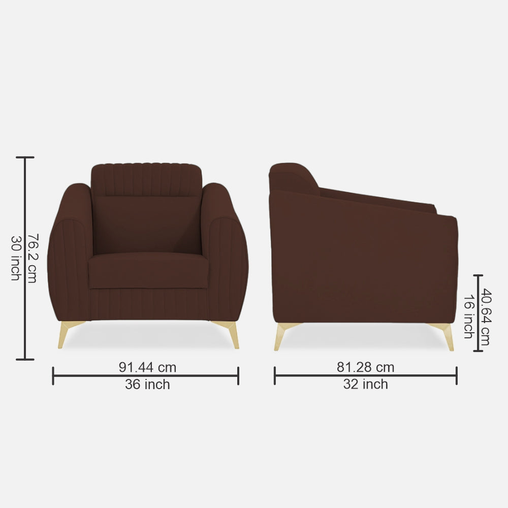 Adorn India Premium Valentino 1 Seater Sofa | Velvet Suede Fabric | 3-Year Warranty | Color Brown with Golden Legs & Striped Pattern Cushion