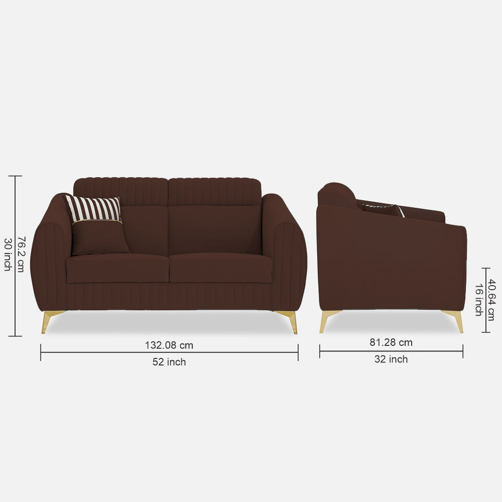 Adorn India Premium Valentino 2 Seater Sofa | Velvet Suede Fabric | 3-Year Warranty | Color Brown with Golden Legs & Striped Pattern Cushion