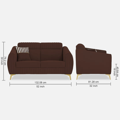 Adorn India Premium Valentino 2 Seater Sofa | Velvet Suede Fabric | 3-Year Warranty | Color Brown with Golden Legs & Striped Pattern Cushion