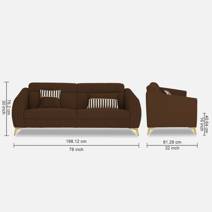 Adorn India Premium Valentino 3 Seater Sofa | Velvet Suede Fabric | 3-Year Warranty | Color Brown with Golden Legs & Striped Pattern Cushion