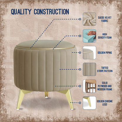 Adorn India Olivia Round 1 Seater Ottoman Pouffe Striped Pattern with Velvet Suede Fabric (Beige)