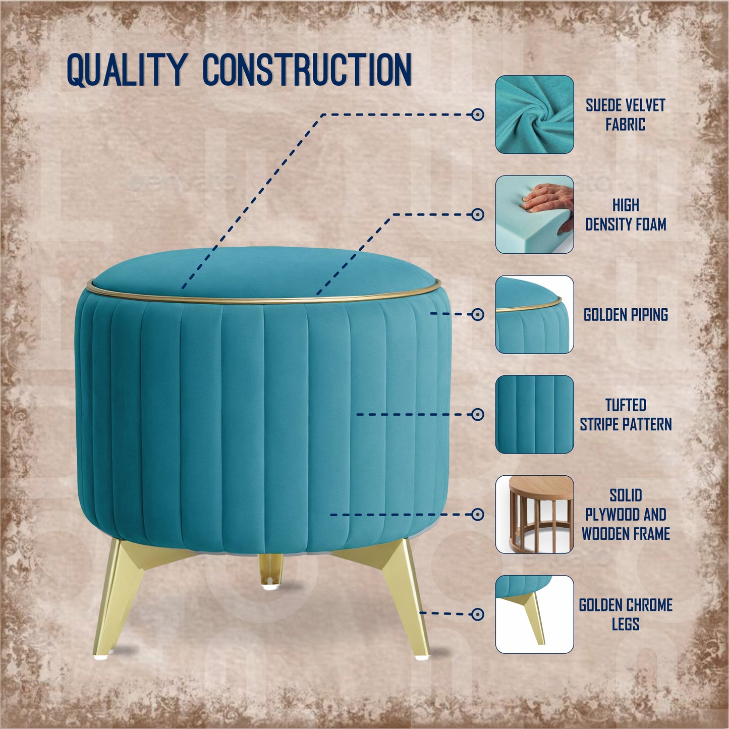 Adorn India Olivia Round 1 Seater Ottoman Pouffe Striped Pattern with Velvet Suede Fabric (Aqua Blue)