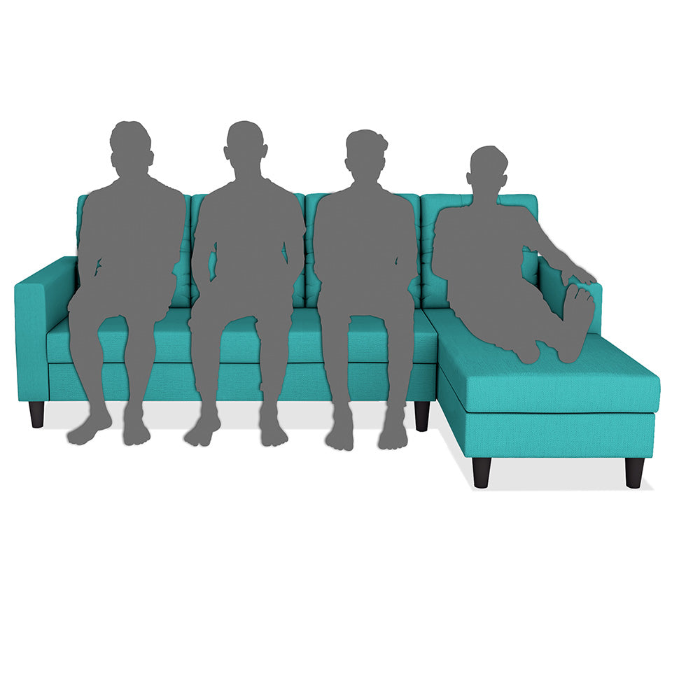 Adorn India Darcy L Shape 8 Seater Sofa Set with Center Table and 2 Ottoman Puffy (RHS) (Aqua Blue) (3 Year Warranty)