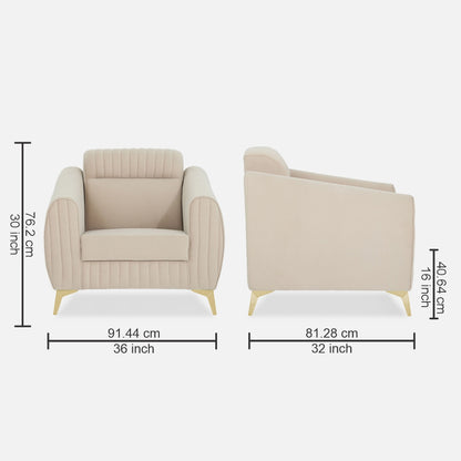 Adorn India Premium Valentino 1 Seater Sofa | Velvet Suede Fabric | 3-Year Warranty | Color Beige with Golden Legs & Striped Pattern Cushion