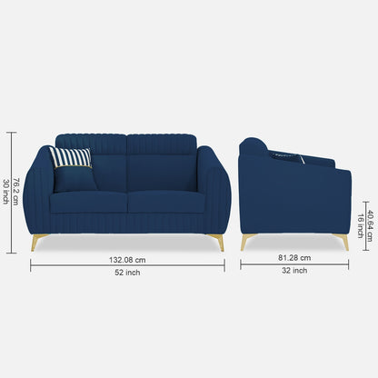 Adorn India Premium Valentino 2 Seater Sofa | Velvet Suede Fabric | 3-Year Warranty | Color Blue with Golden Legs & Striped Pattern Cushion