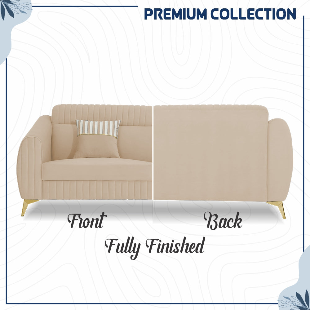 Adorn India Premium Valentino 3-2 Sofa Set | Velvet Suede Fabric | 3-Year Warranty | Color Beige with Golden Legs & Striped Pattern Cushion