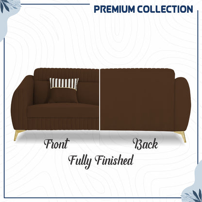 Adorn India Premium Valentino 3-2 Sofa Set | Velvet Suede Fabric | 3-Year Warranty | Color Brown with Golden Legs & Striped Pattern Cushion