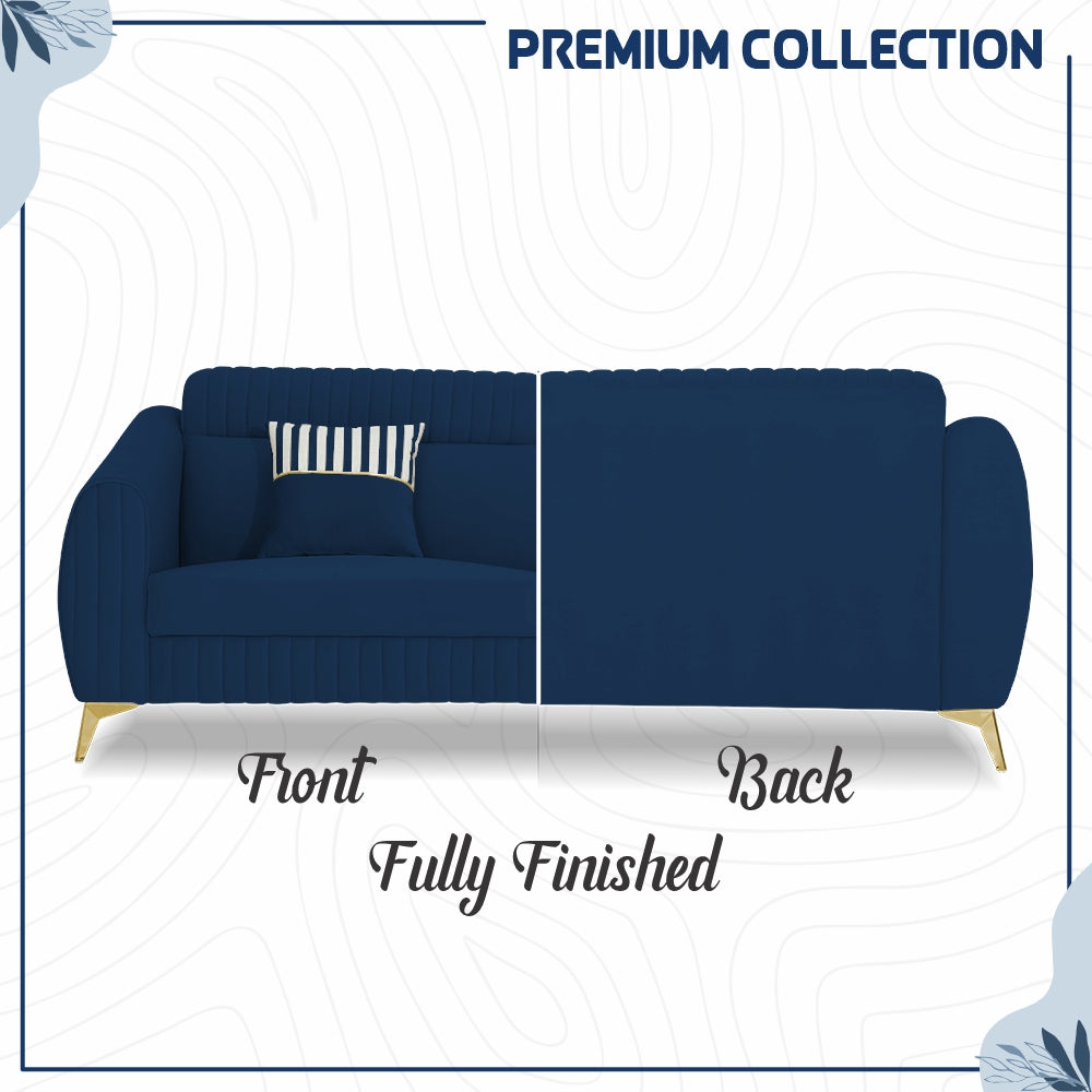 Adorn India Premium Valentino 3-1-1 Sofa Set | Velvet Suede Fabric | 3-Year Warranty | Color Blue with Golden Legs & Striped Pattern Cushion