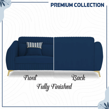 Adorn India Premium Valentino 3-1-1 Sofa Set | Velvet Suede Fabric | 3-Year Warranty | Color Blue with Golden Legs & Striped Pattern Cushion