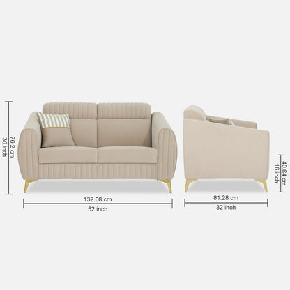Adorn India Premium Valentino 2 Seater Sofa | Velvet Suede Fabric | 3-Year Warranty | Color Beige with Golden Legs & Striped Pattern Cushion