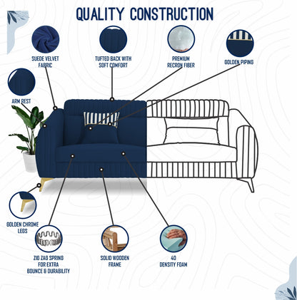 Adorn India Premium Valentino 3-1-1 Sofa Set | Velvet Suede Fabric | 3-Year Warranty | Color Blue with Golden Legs & Striped Pattern Cushion