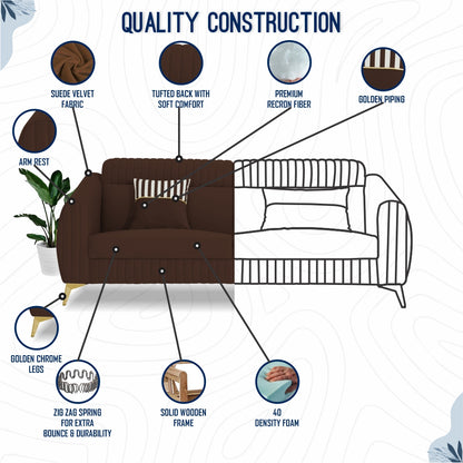 Adorn India Premium Valentino 3-2 Sofa Set | Velvet Suede Fabric | 3-Year Warranty | Color Brown with Golden Legs & Striped Pattern Cushion