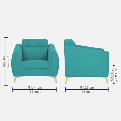 Adorn India Premium Valentino 1 Seater Sofa | Velvet Suede Fabric | 3-Year Warranty | Color Aqua Blue with Golden Legs & Striped Pattern Cushion