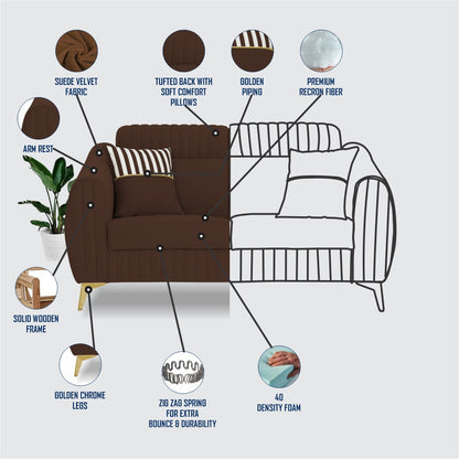 Adorn India Premium Valentino 2 Seater Sofa | Velvet Suede Fabric | 3-Year Warranty | Color Brown with Golden Legs & Striped Pattern Cushion