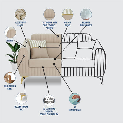 Adorn India Premium Valentino 2 Seater Sofa | Velvet Suede Fabric | 3-Year Warranty | Color Beige with Golden Legs & Striped Pattern Cushion