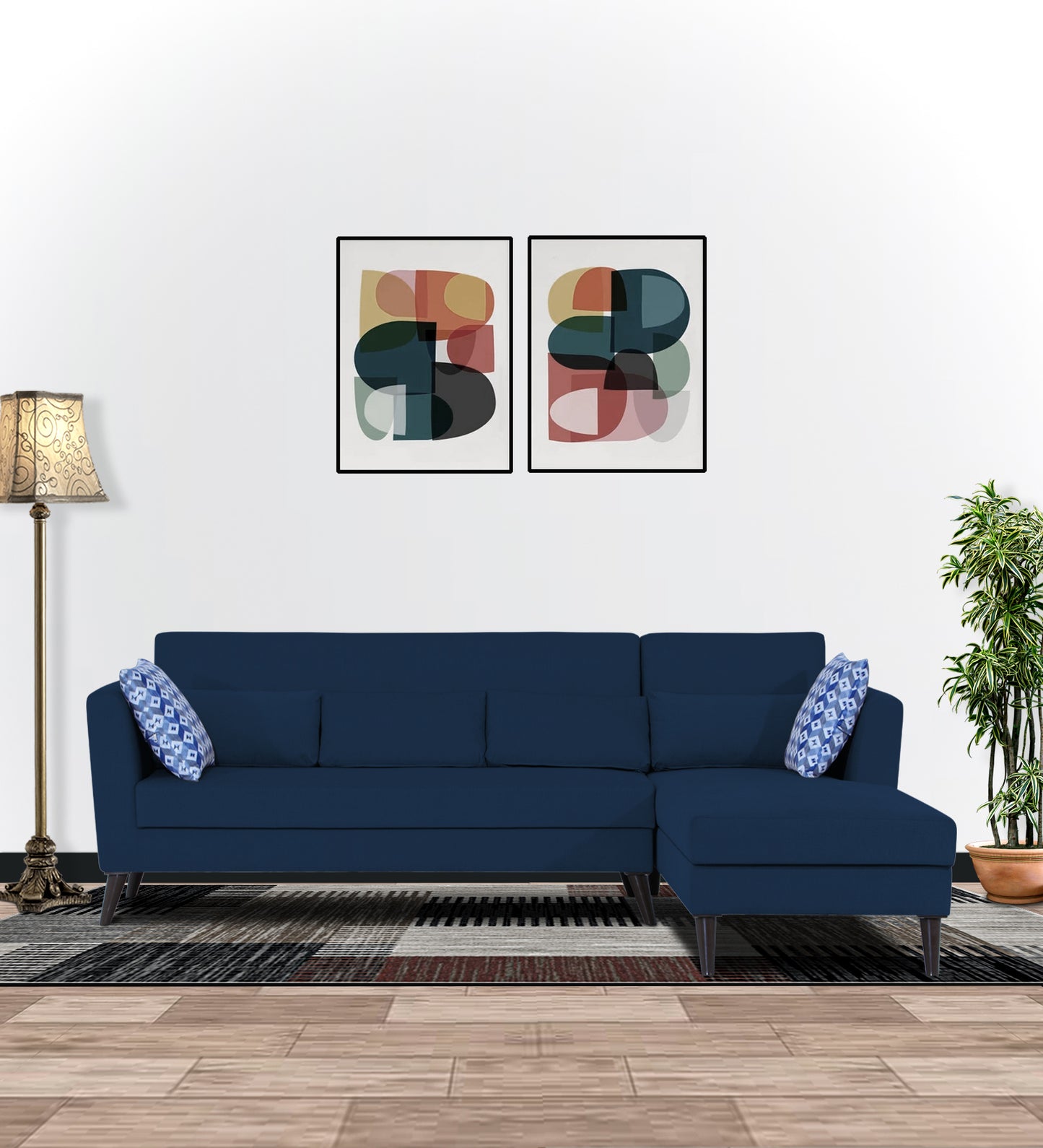 Adorn India Daniel L Shape 6 Seater Sofa Set RHS (Blue) (3 Year Warranty)
