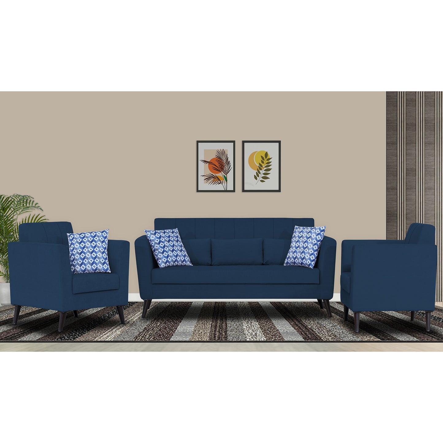 Adorn India Daniel 3+1+1 5 Seater Sofa Set (Blue) (3 Year Warranty)