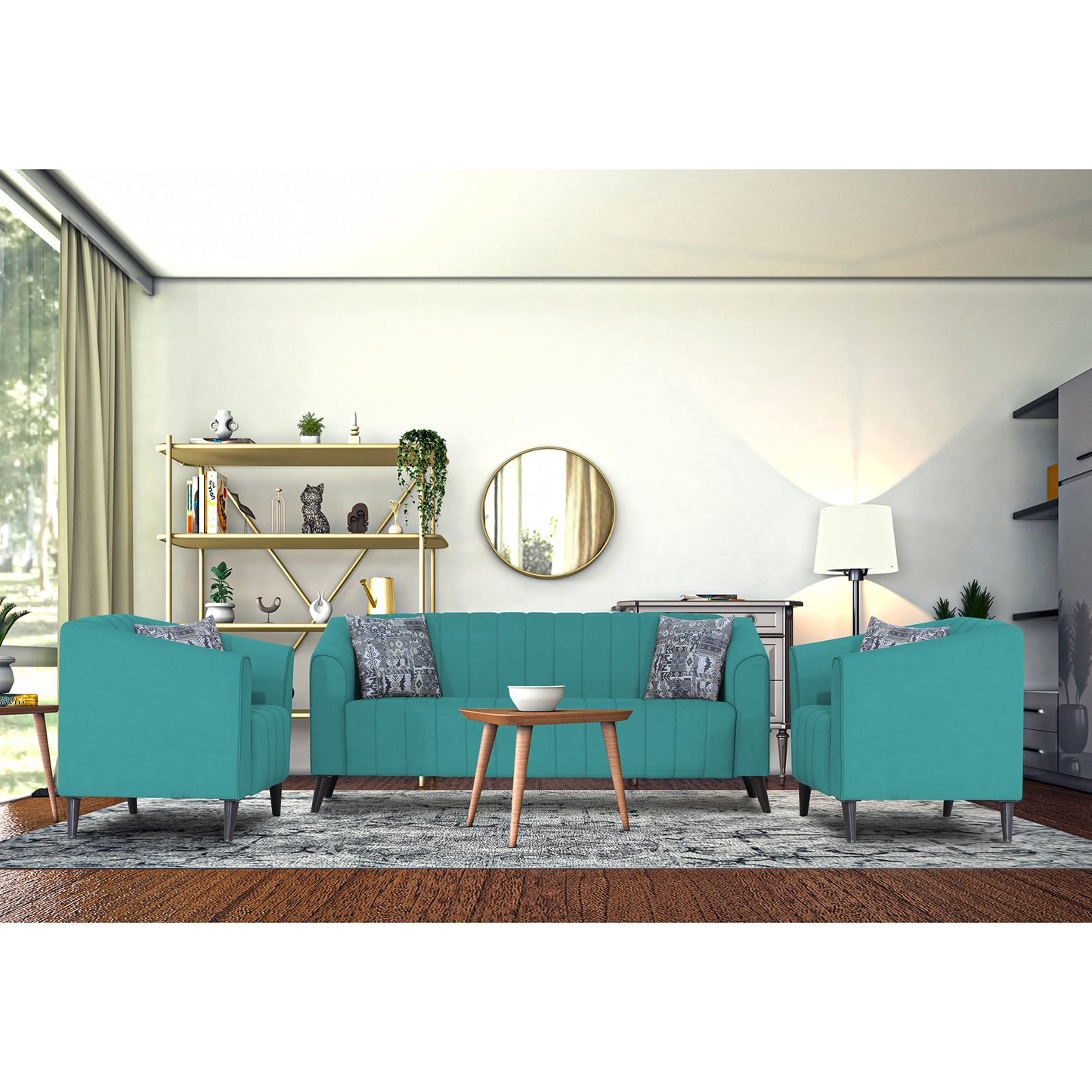 Adorn India Premium Laurel 3+1+1 5 Seater Sofa Set (Aqua Blue) (3 Year Warranty)