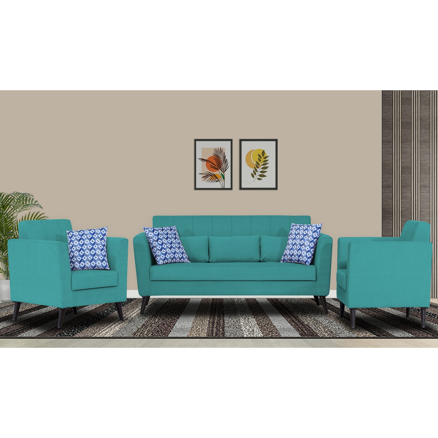 Adorn India Daniel 3+1+1 5 Seater Sofa Set (Aqua Blue) (3 Year Warranty)