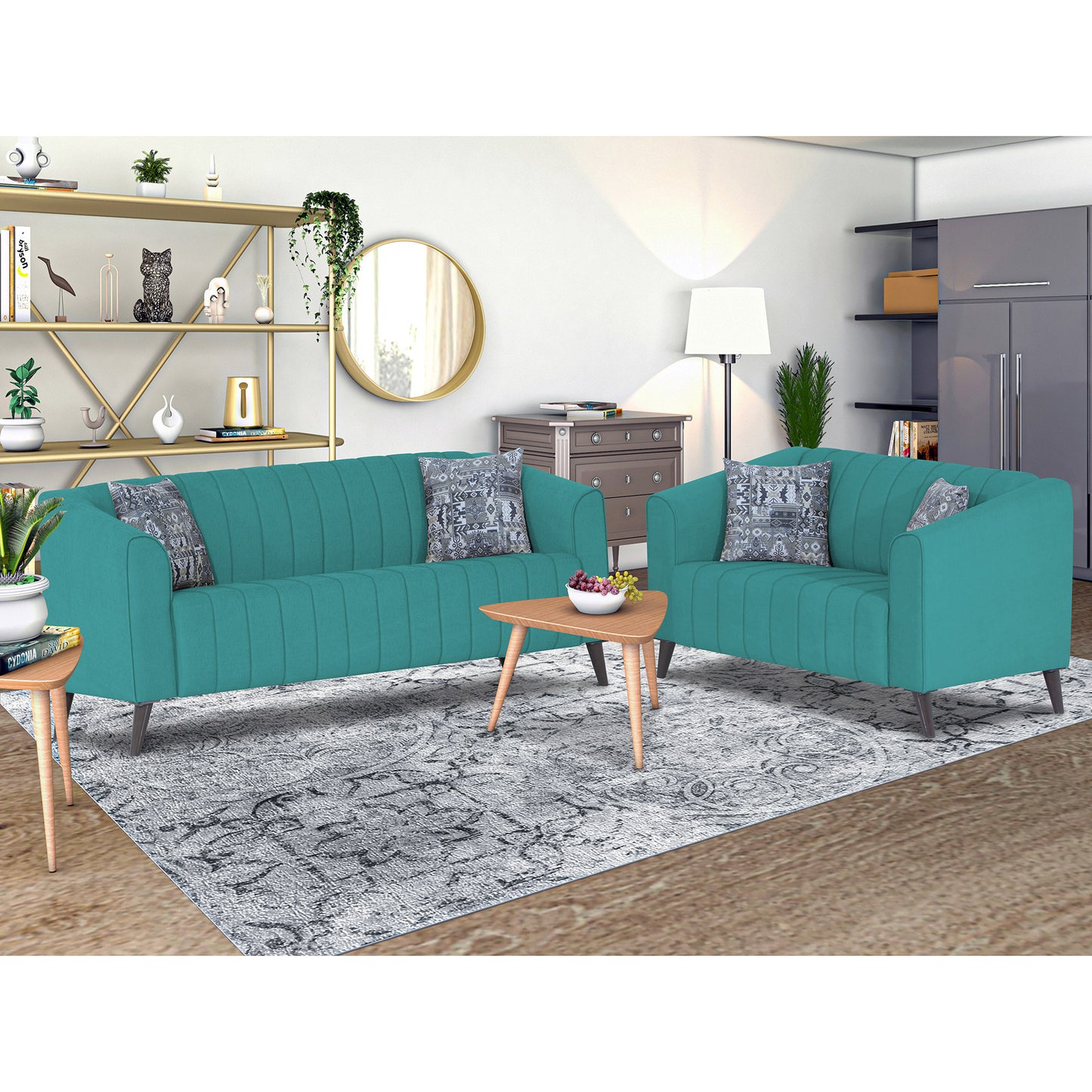 Adorn India Premium Laurel 3+2 5 Seater Sofa Set (Aqua Blue) (3 Year Warranty)