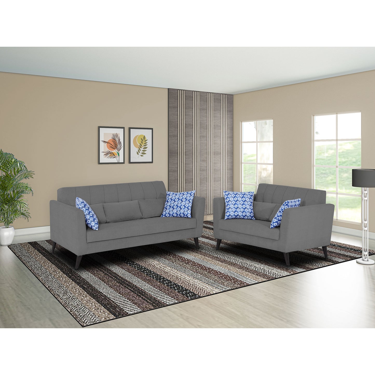 Adorn India Daniel 3+2 5 Seater Sofa Set (Grey) (3 Year Warranty)