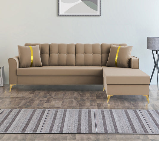 Adorn India Premium Maddox Tufted- 3 Years Warranty - L Shape 5 Seater Sofa Set -RHS-Velvet Suede Fabric - Beige