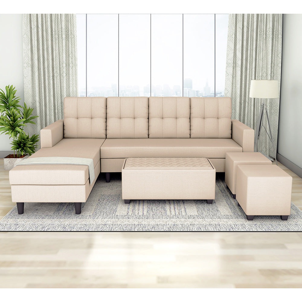 Adorn India Darcy L Shape 8 Seater Sofa Set with Center Table and 2 Ottoman Puffy (LHS) (Beige) (3 Year Warranty)