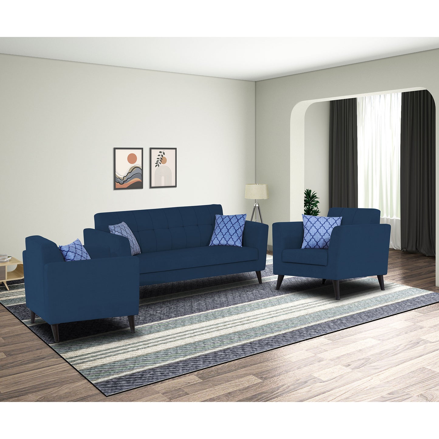 Adorn India Dannis 3+2+1 6 Seater Sofa Set (Blue) (3 Year Warranty)