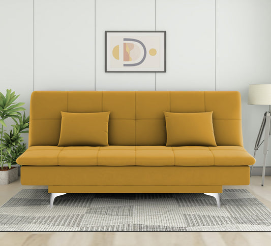 Adorn India Premium New Aspen 3 Seater Sofa Cum Bed 4X6 Velvet Suede with 2 Cushions (Color Yellow) and Suitable for All Indoor, with 3 Years Warranty