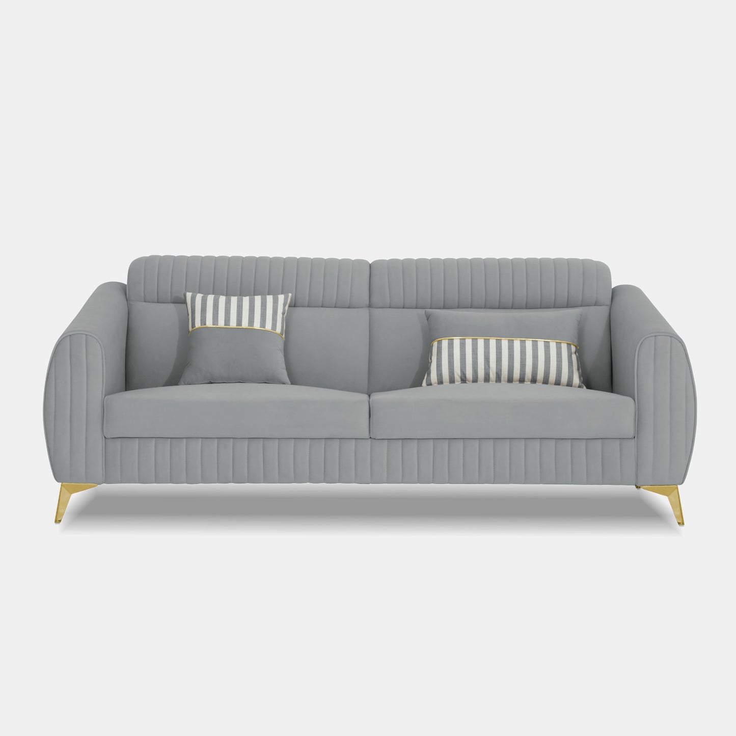 Adorn India Premium Valentino 3 Seater Sofa | Velvet Suede Fabric | 3-Year Warranty | Color Grey with Golden Legs & Striped Pattern Cushion