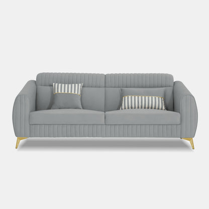 Adorn India Premium Valentino 3 Seater Sofa | Velvet Suede Fabric | 3-Year Warranty | Color Grey with Golden Legs & Striped Pattern Cushion
