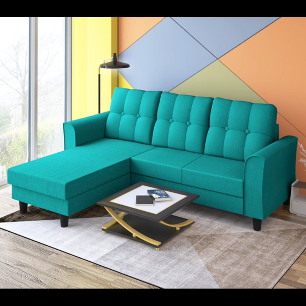 Adorn India Maddox Tufted L Shape 4 Seater Sofa Set (Aqua Blue) (3 Year Warranty)
