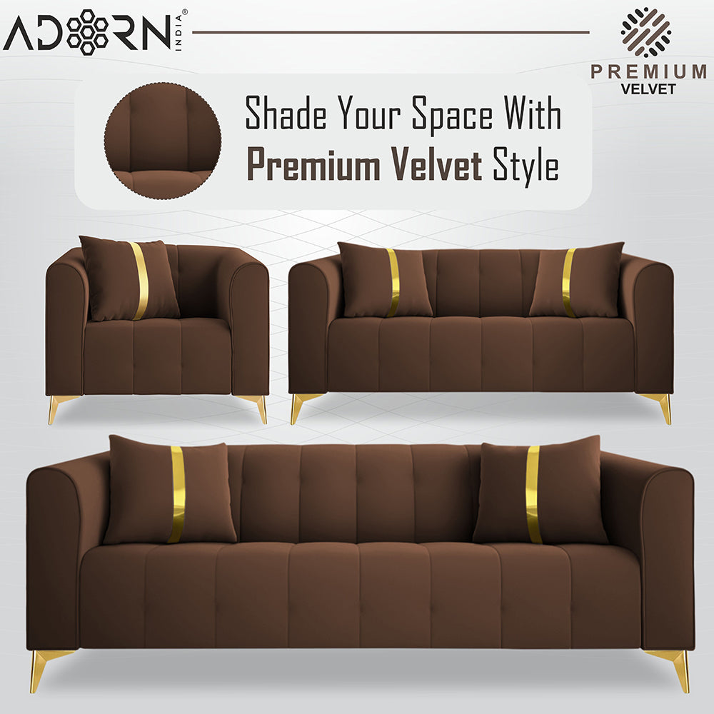 Adorn India Premium Mystic - 3 Years Warranty - 3+2+1 Sofa Set Velvet Suede Fabric - Brown
