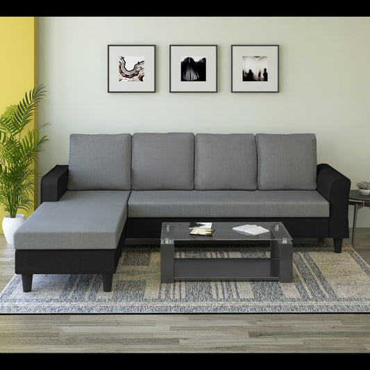 Adorn India Maddox Plain Two Tone L Shape 6 Seater Sofa Set LHS (Grey & Black) (3 Year Warranty)