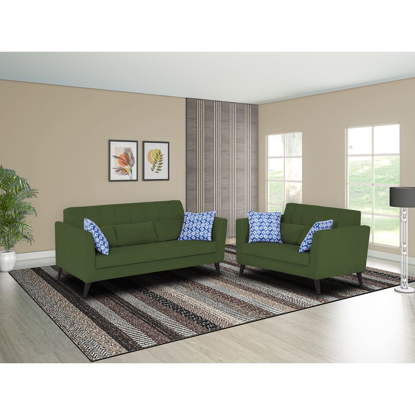 Adorn India Daniel 3+2 5 Seater Sofa Set (Green) (3 Year Warranty)
