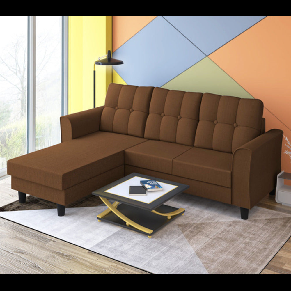 Adorn India Maddox Tufted L Shape 4 Seater Sofa Set (Brown) (3 Year Warranty)