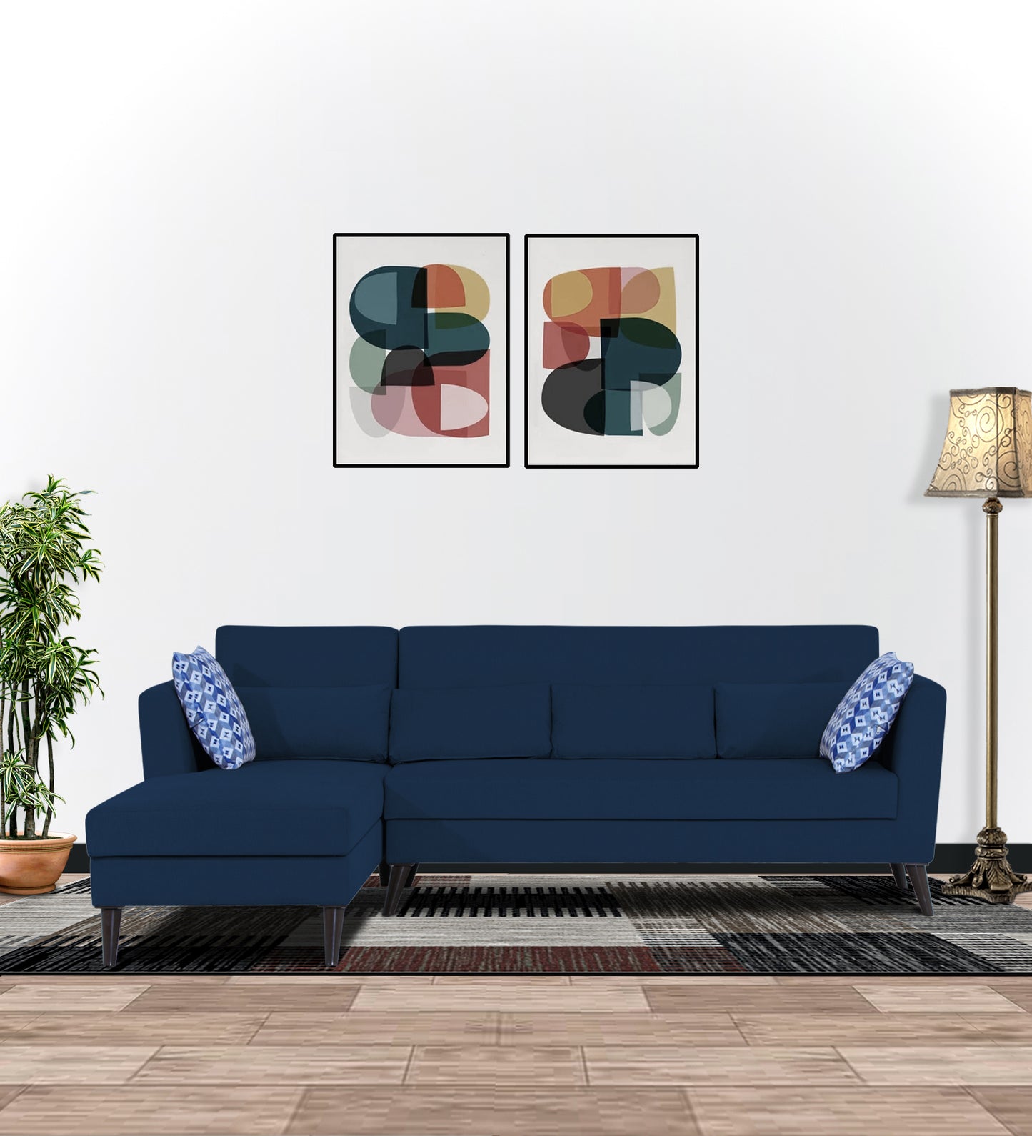 Adorn India Daniel L Shape 6 Seater Sofa Set LHS (Blue) (3 Year Warranty)
