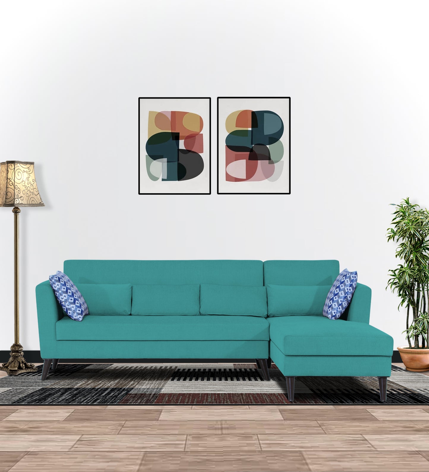 Adorn India Daniel L Shape 6 Seater Sofa Set RHS (Aqua Blue) (3 Year Warranty)