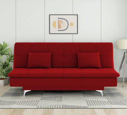 Adorn India Premium New Aspen 3 Seater Sofa Cum Bed 4X6 Velvet Suede with 2 Cushions (Color Red) and Suitable for All Indoor, with 3 Years Warranty