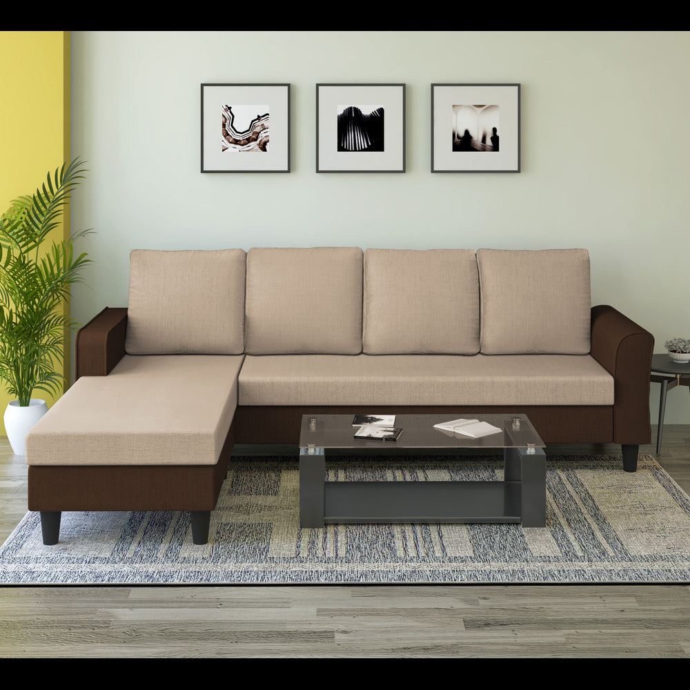 Adorn India Maddox Plain Two Tone L Shape 6 Seater Sofa Set LHS (Brown & Beige) (3 Year Warranty)
