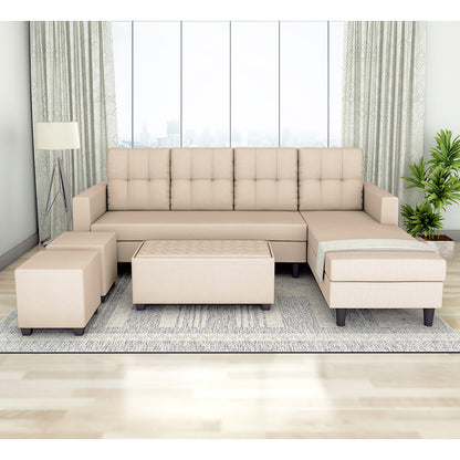 Adorn India Darcy L Shape 8 Seater Sofa Set with Center Table and 2 Ottoman Puffy (RHS) (Beige) (3 Year Warranty)