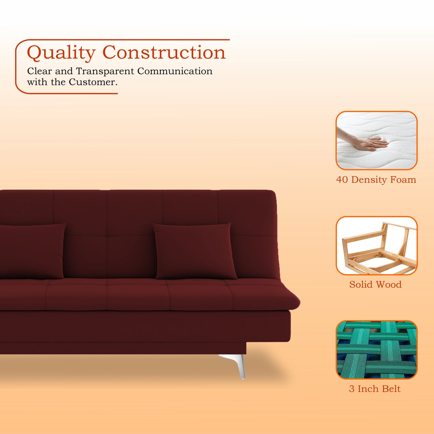 Adorn India Premium New Aspen 3 Seater Sofa Cum Bed 4X6 Velvet Suede with 2 Cushions (Color Maroon) and Suitable for All Indoor, with 3 Years Warranty