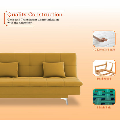 Adorn India Premium New Aspen 3 Seater Sofa Cum Bed 4X6 Velvet Suede with 2 Cushions (Color Yellow) and Suitable for All Indoor, with 3 Years Warranty