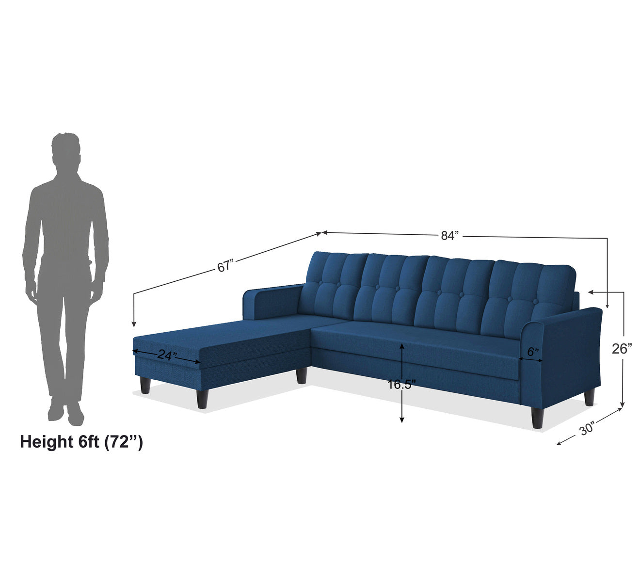 Adorn India Maddox Tufted L Shape 5 Seater Chenille Sofa Sofa Set LHS (Blue) (3 Year Warranty)