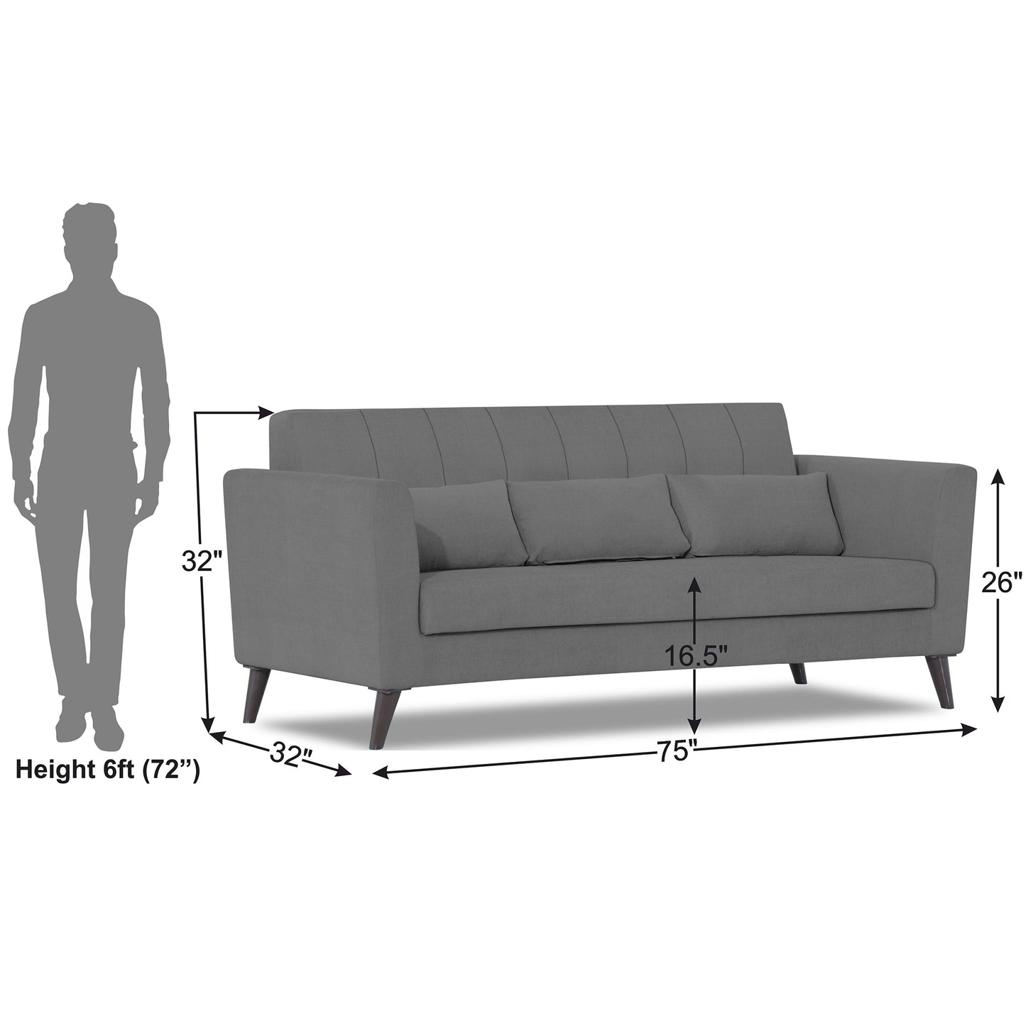 Adorn India Daniel 3 Seater Sofa (Grey) (3 Year Warranty)